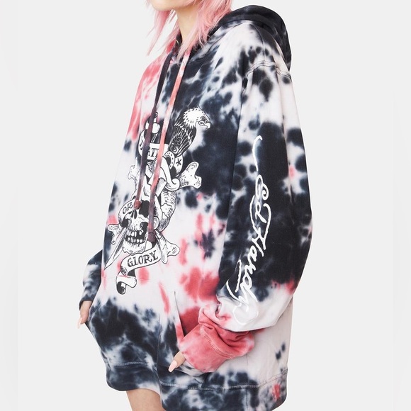 Ed Hardy Women's Red and Black Tie Dye Dagger Skull Fleece Hoodie Size M - Picture 3 of 9